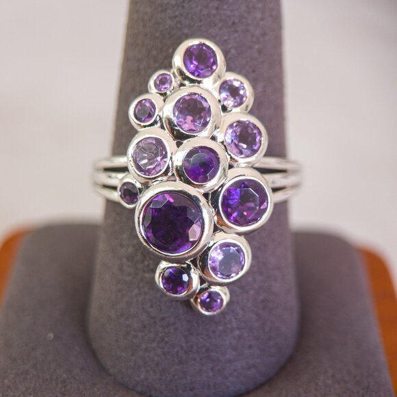 Sterling Silver Cluster Ring with Amethyst and Pink Amethyst – Size 10 - Picture 1 of 10
